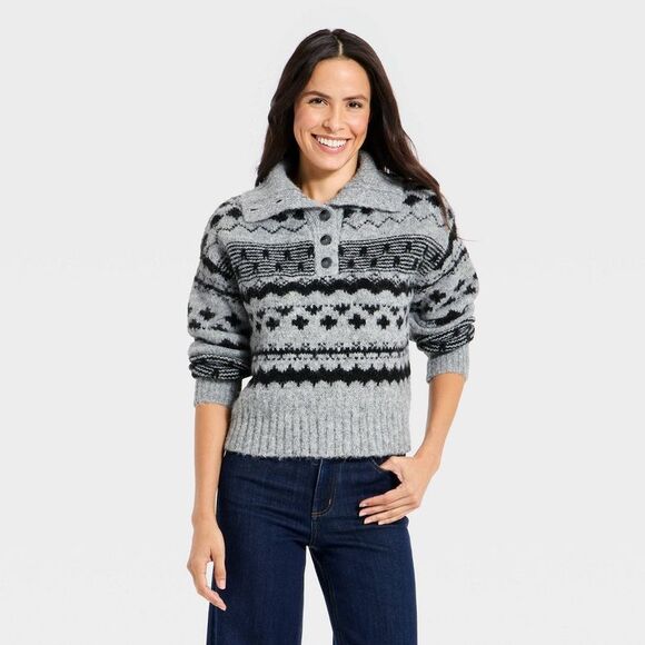 Universal Thread Sweaters - Women's Fairisle Henley Shawl Sweater - Universal Thread Dark Gray L